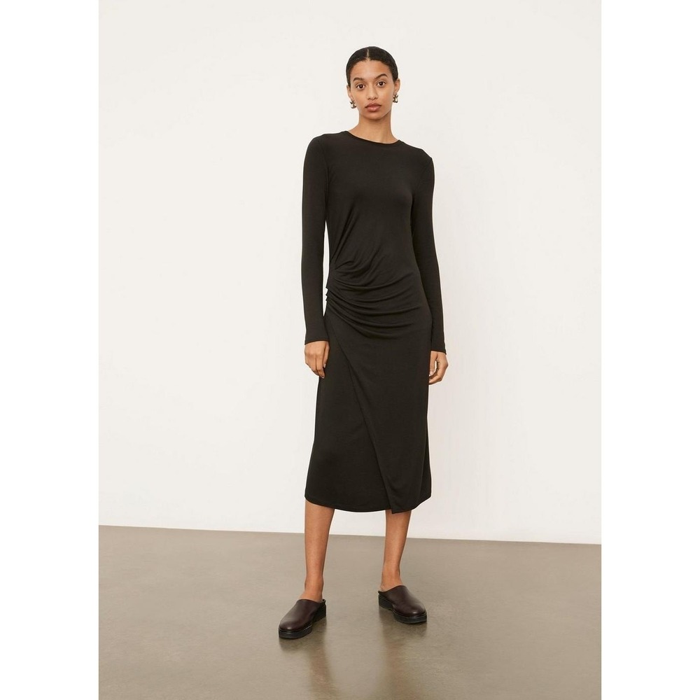 Vince Dress Womens‎ Size XXS Black Jersey Knit Gathered Long Sleeve Midi NEW